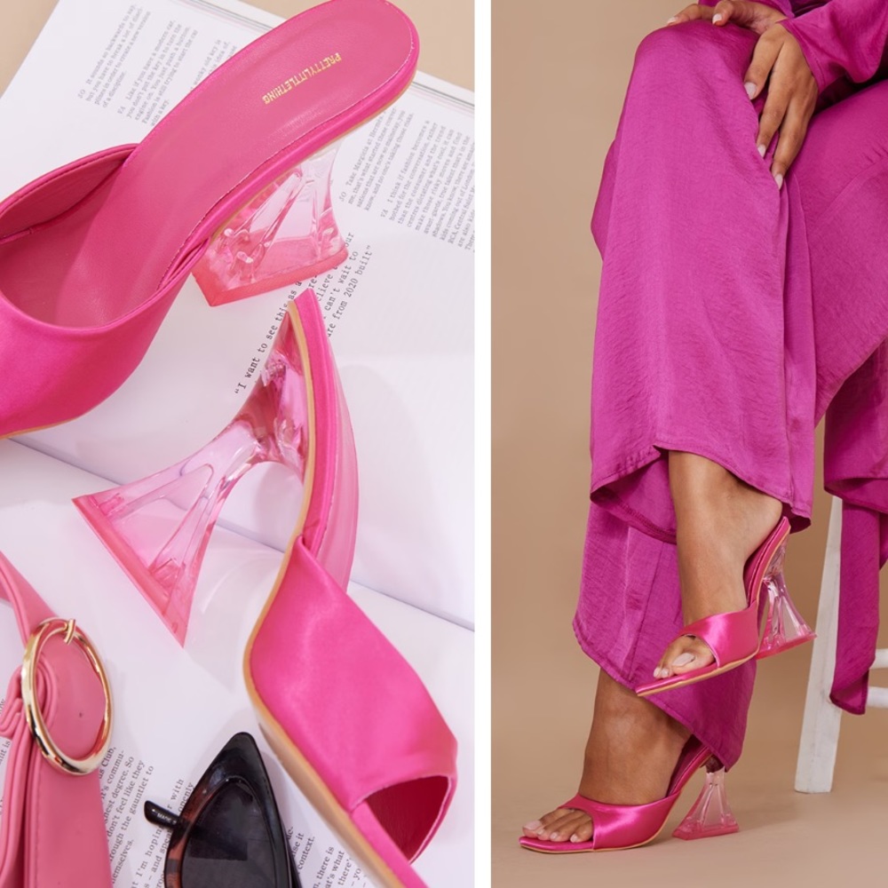PRETTYLITTLETHING Pink Satin Square Toe Flare Heeled Mule - Picture 6 of 8